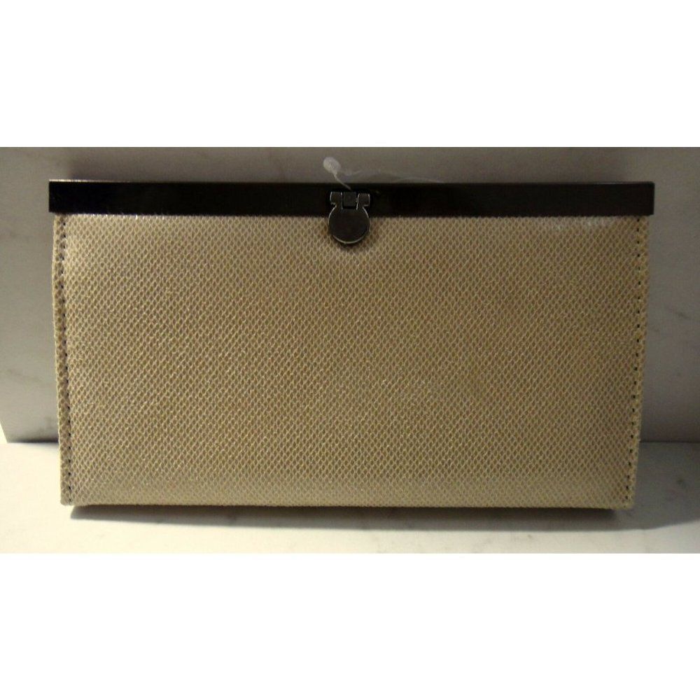 Clutch Bag Beige Multiple Card Slot Zip Center Pouch Bronze Metal Flip Close NEW